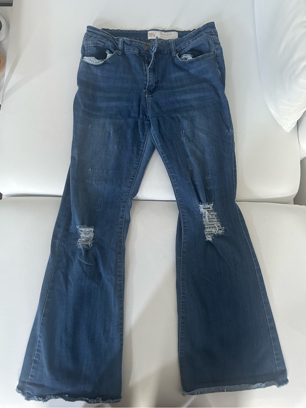 70’s Dark Indigo Distressed Flare Jeans - Women